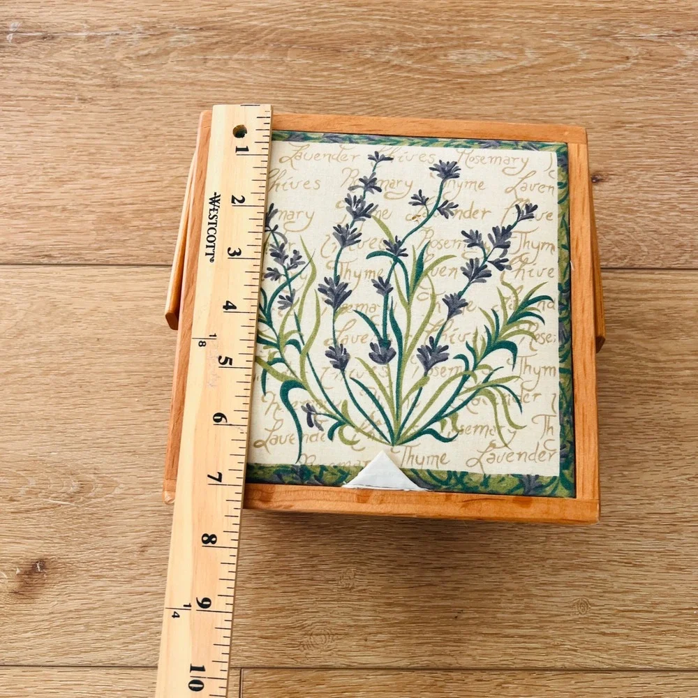 Vintage Woven Wicker Sewing Basket Lavender Thyme Botanical Print Wood Trim Box